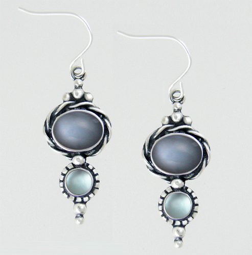 Sterling Silver Drop Dangle Earrings With Grey Moonstone And Blue Topaz